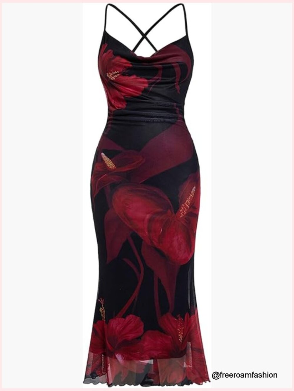 Floral Mesh Bodycon Cami Maxi Dress Cowl Neck Sleeveless Cocktail Party